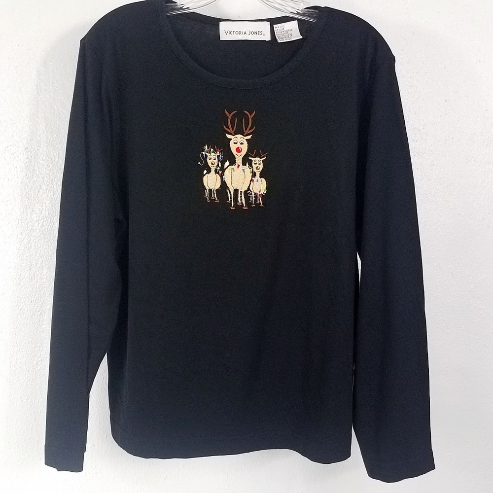 Victoria Jones Black Christmas Reindeer Large Scoop Neck Long Sleeve Shirt Top